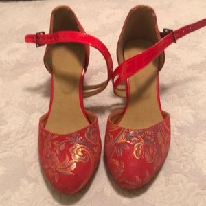 Red and gold dance shoes, suede bottoms, strap has been altered by cobbler